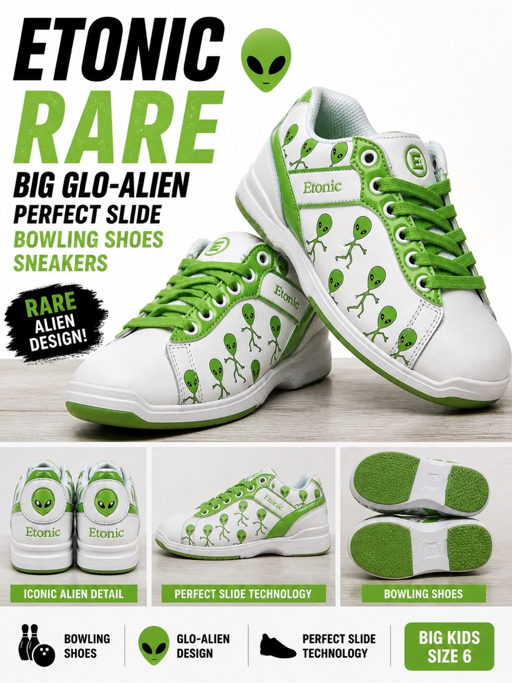 Etonic Alien Bowling Shoes Rare Green Glo Kids Size 6 Y2K Novelty Sneakers